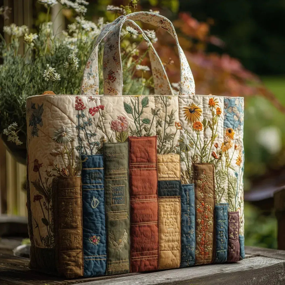 Artisan Quilted Bag - Books and Flowers