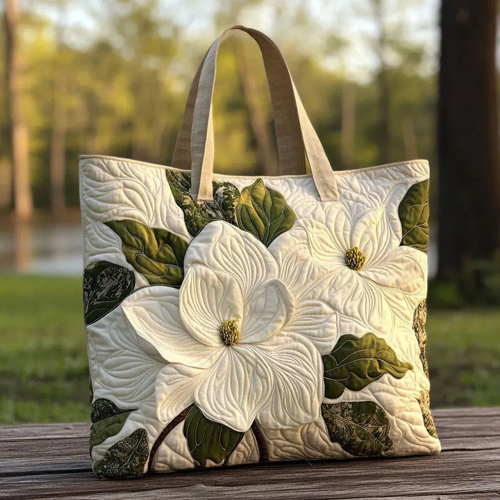 Artisan Quilted Tote Bag - Elegant White Lilies