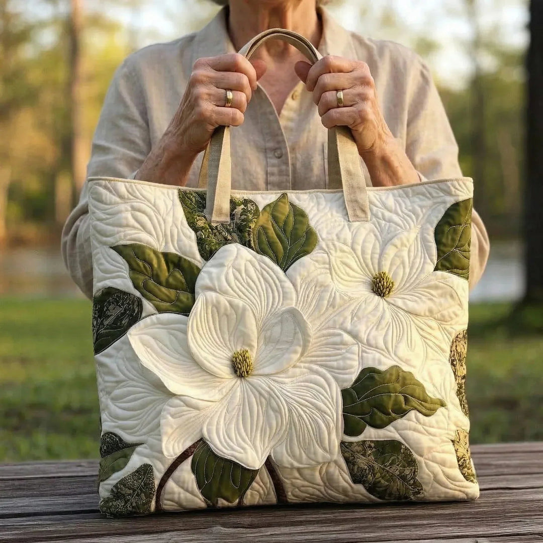 Artisan Quilted Tote Bag - Elegant White Lilies